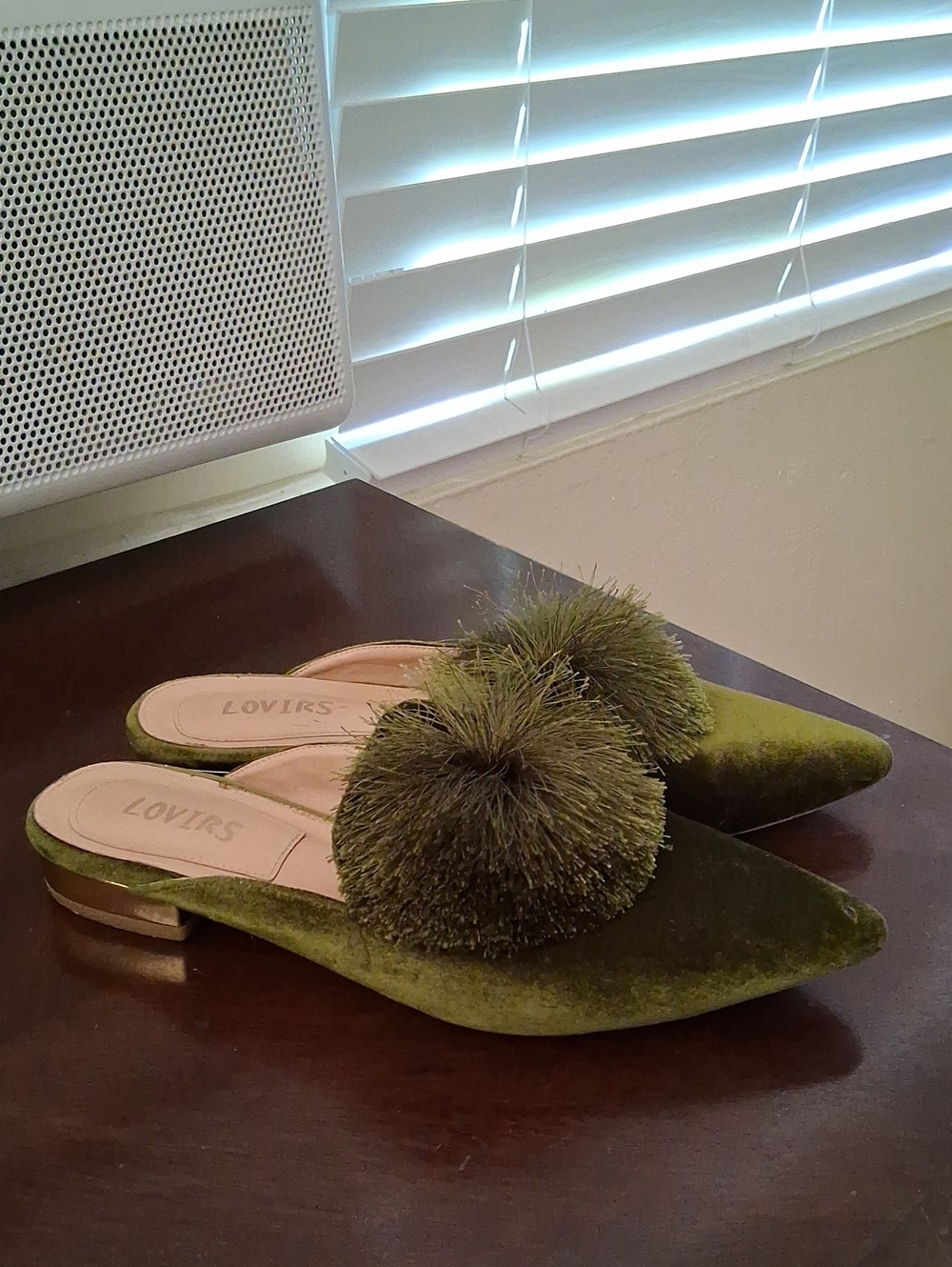 Olive Green Velvet Pom-Pom Mules